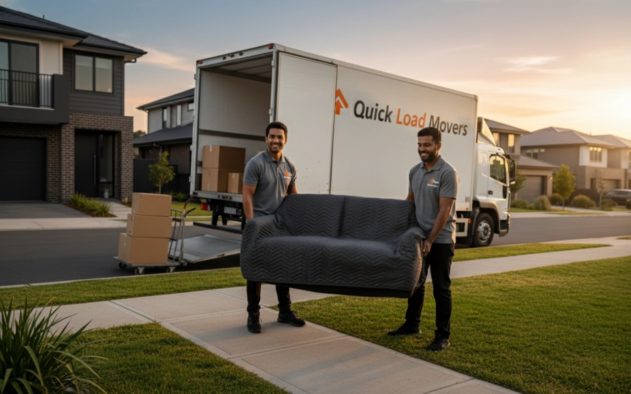 Professional removalists carefully moving a couch